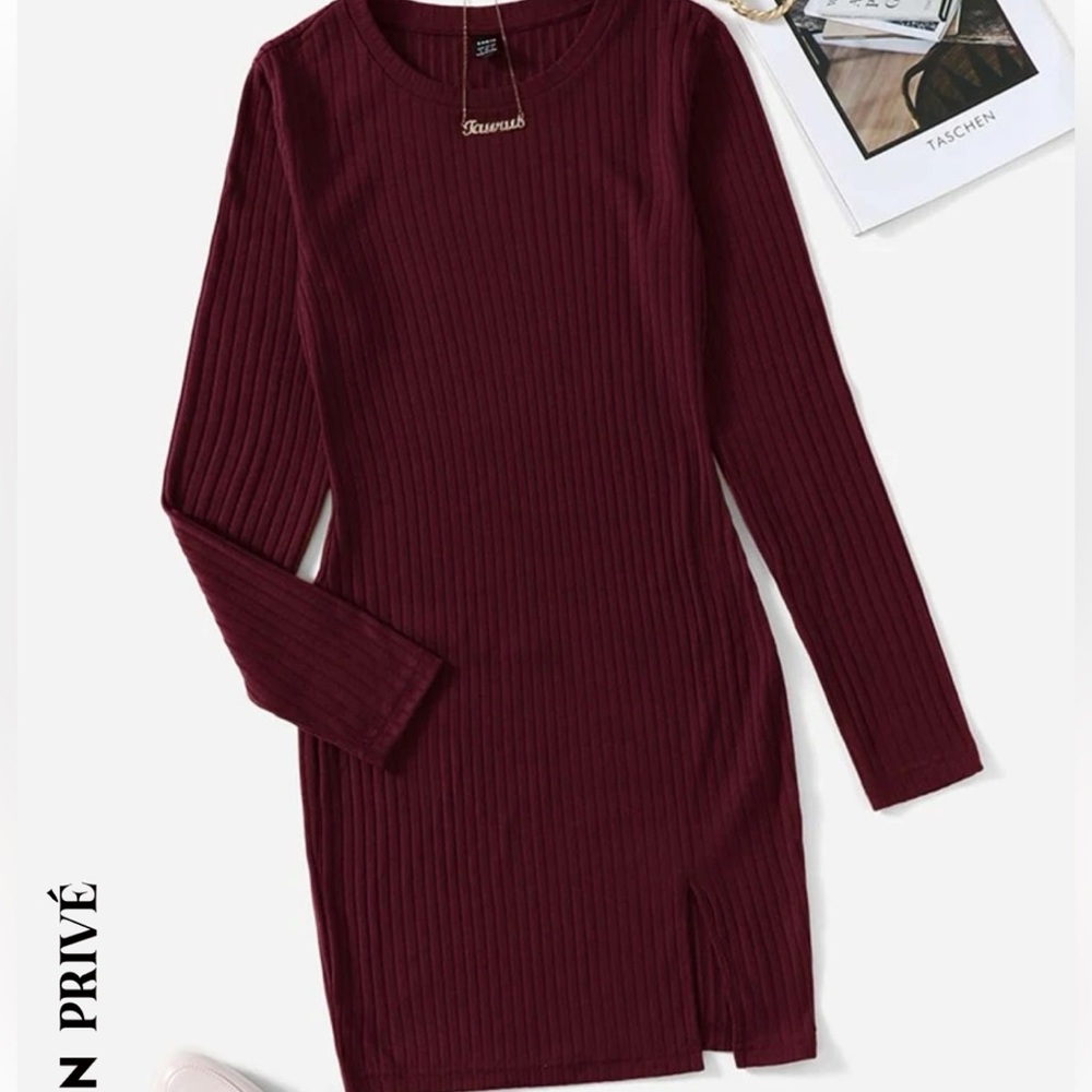Maroon ribbed knit split hem mini dress